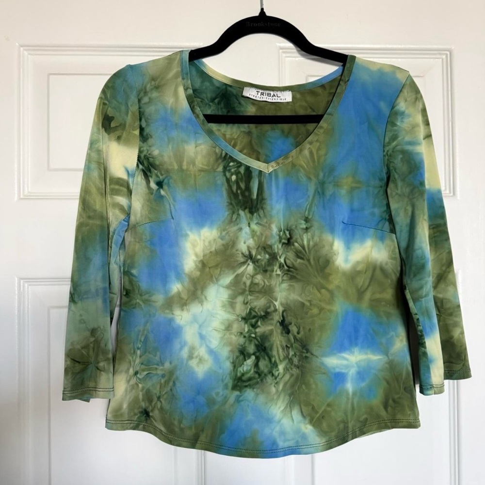 Tribal Green and Blue Tie Dye V-Neck Top 3/4 Sleeves